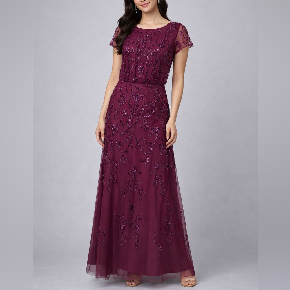 🆕✨Papell Studio Beaded Blouson Long Evening Dress Plum Purple Size 4 Formal Gown